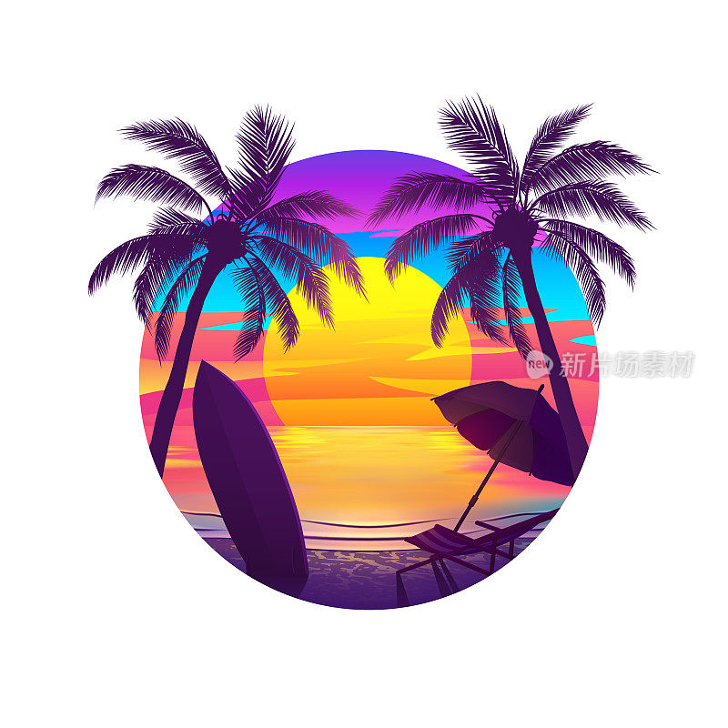 热带海滩日落与棕榈树