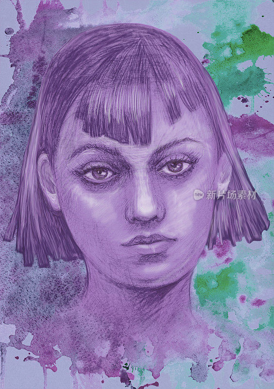 插图水彩肖像的年轻女子与长黑发紫色
