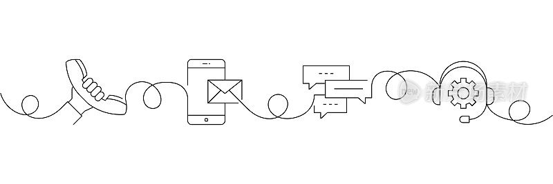 连续的一条线绘制联系我们图标的概念。单线矢量插图。电话，留言，邮件，热线。