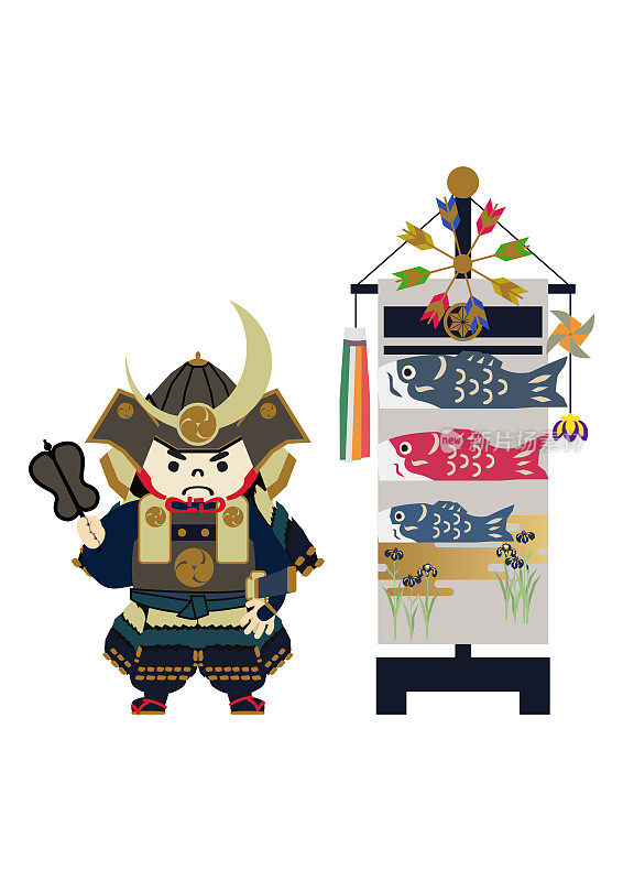 日本节日插画。季节性的节日。五一节的形象。象征着日本初夏的事件。五月节的护身符娃娃。