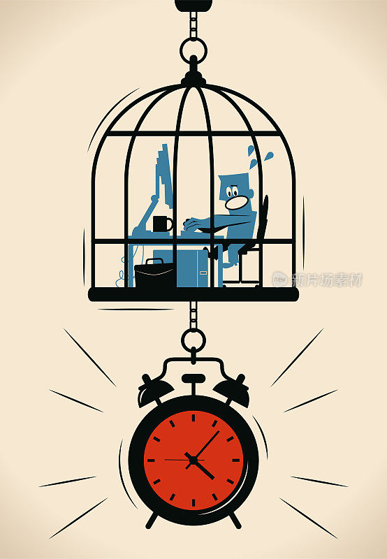 商人在工作的鸟笼(笼子)里锁着一个大闹钟，时间管理的理念