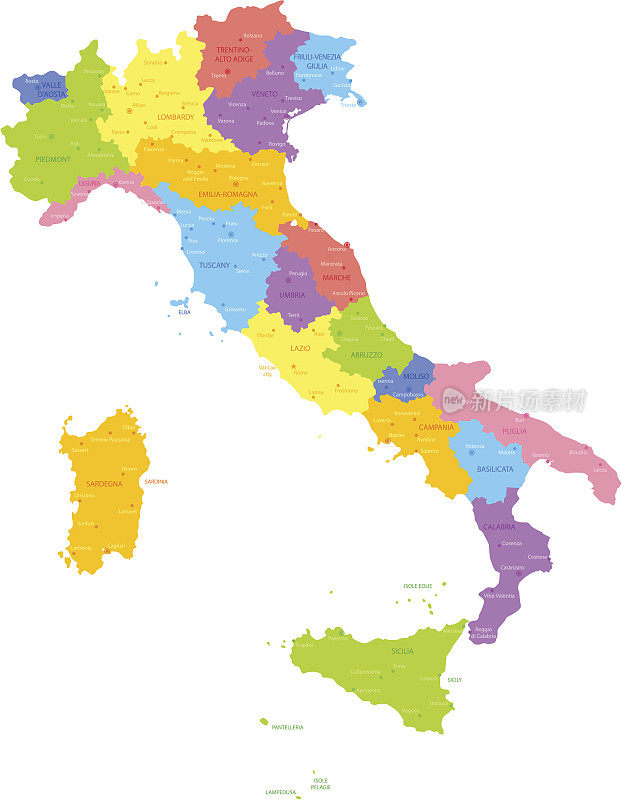 意大利地图与地区和城市