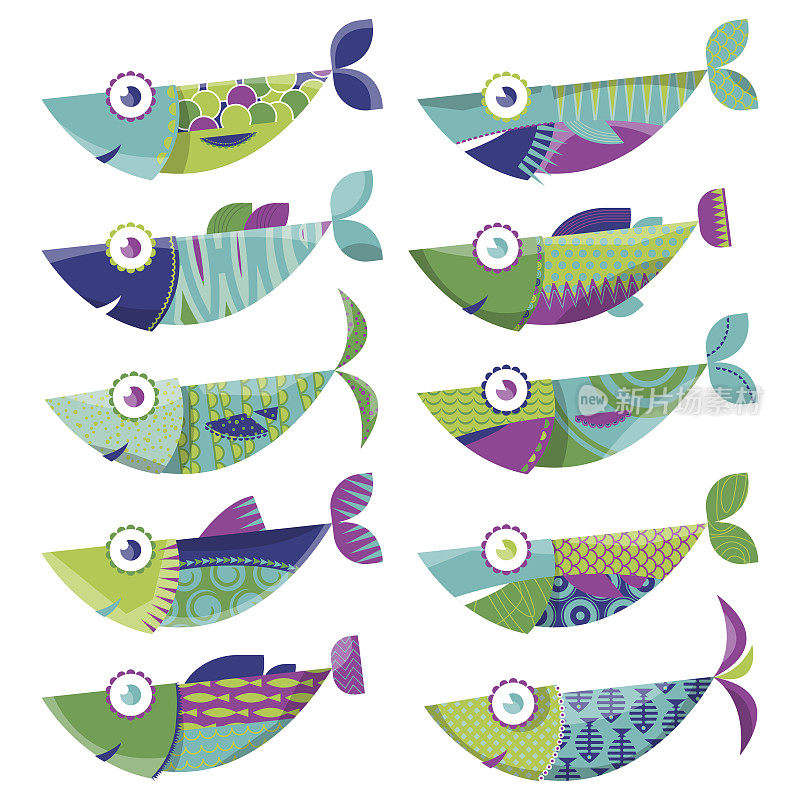一套10多种颜色的装饰鱼。沙丁鱼。