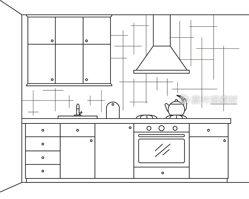 厨房家具。用线条写生。矢量插图。厨房的计划。
