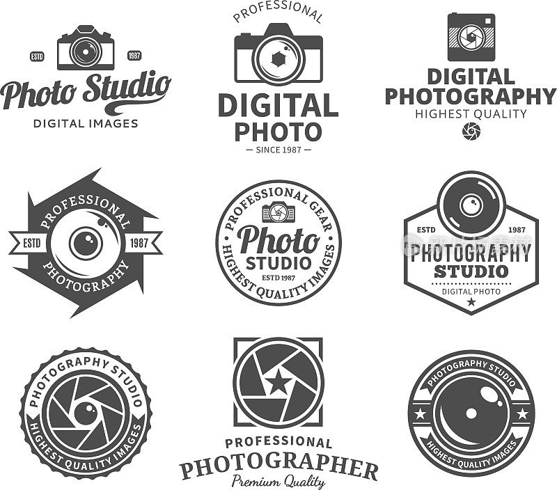摄影工作室标签，图标和设计元素