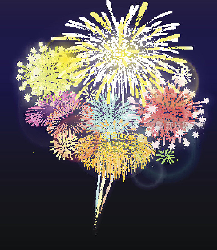 节日里五颜六色的烟花绽放出各种形状闪闪发光的象形图画