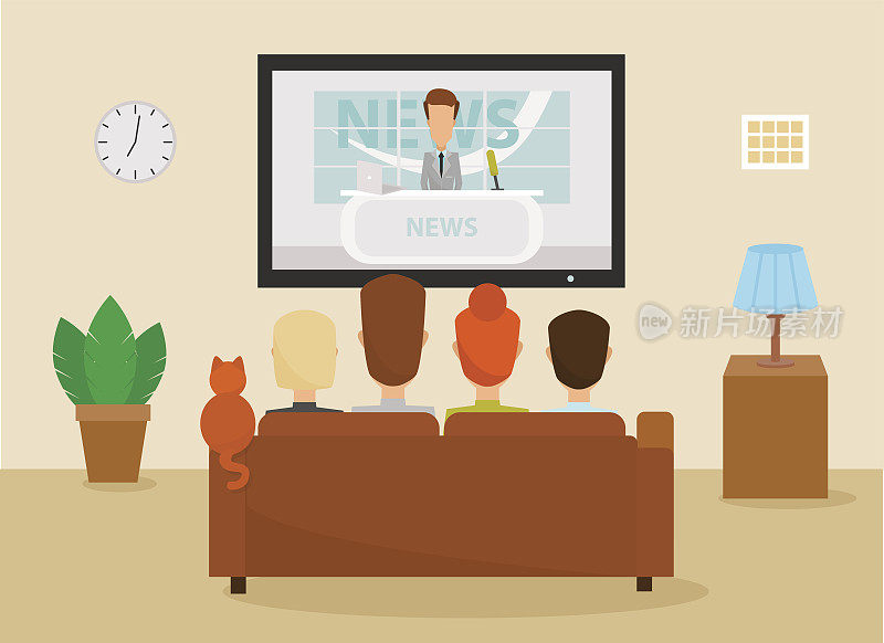 一家人和猫坐在客厅的沙发上看每天的新闻节目。向量