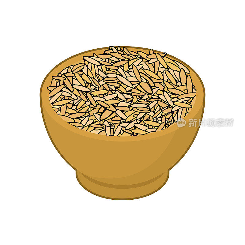 燕麦在木碗中孤立。木碟中的格栅。白色背景上的纹理。矢量图