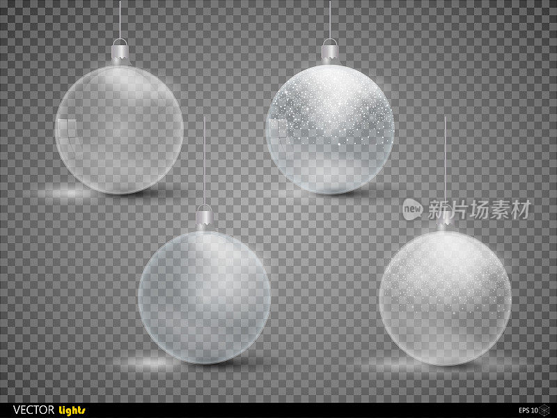 设置玻璃透明圣诞球模板。圣诞装饰物圣诞袜元素。透明矢量对象的设计。闪闪发光的银光玩具。孤立的对象。矢量插图。