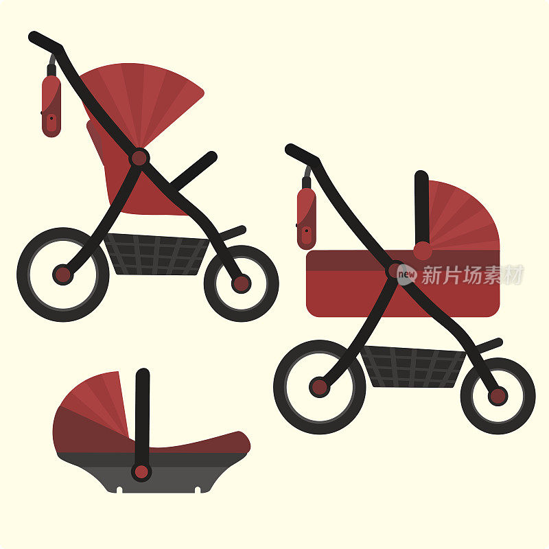 平坦的红色婴儿车变压器图标。向量儿童婴儿车3在1符号