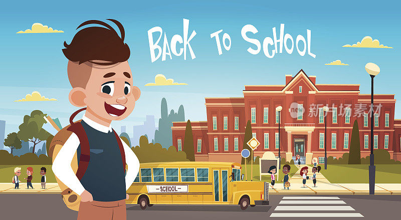 男孩回到学校，在一群学生步行从黄色巴士小学生小学生
