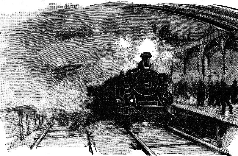 19世纪的一幅插图描绘了一列火车正驶进火车站;维多利亚时代的蒸汽火车运输;分散种子1892