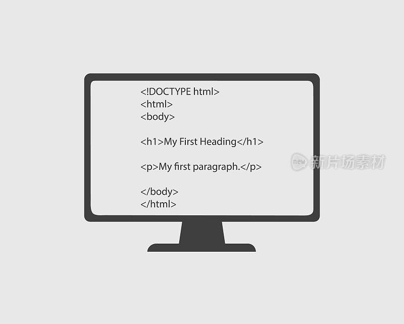 HTML图标。电脑屏幕上的HTML代码。