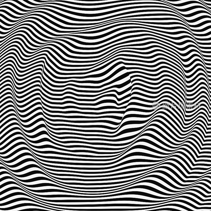 黑色和白色抽象条纹背景。光学艺术。三维矢量插图。