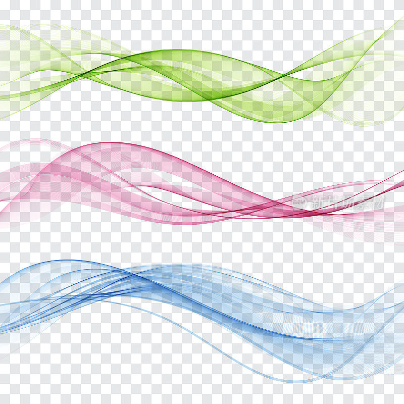 一组抽象的彩色波。彩色烟雾波。透明色波。蓝色,粉色,红色