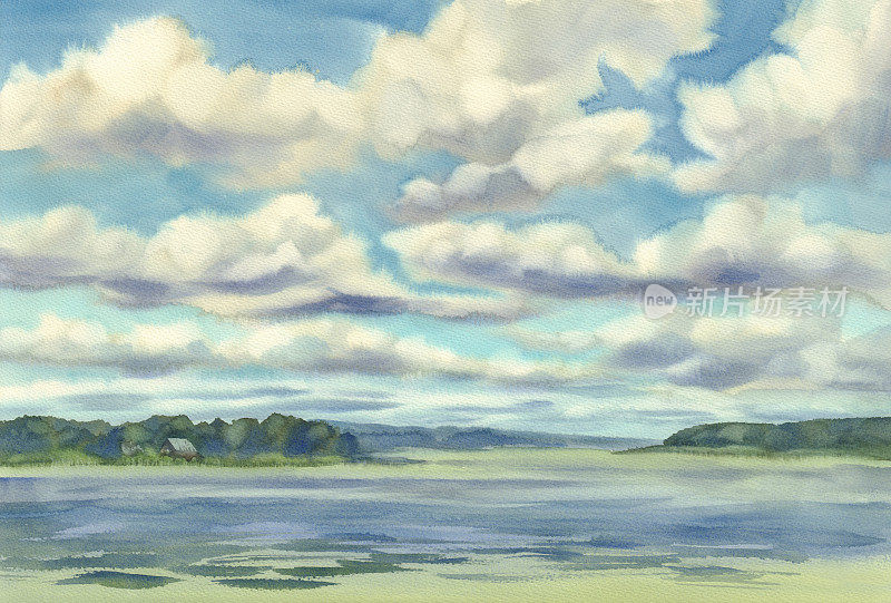 湖面上的云朵是水彩画