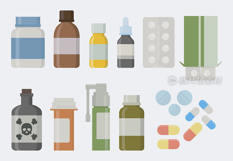 药品和药品图标设置在平面风格