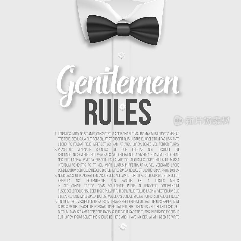 向量白衬衫。绅士规则列表模板。现实向量衬衫与蝴蝶结