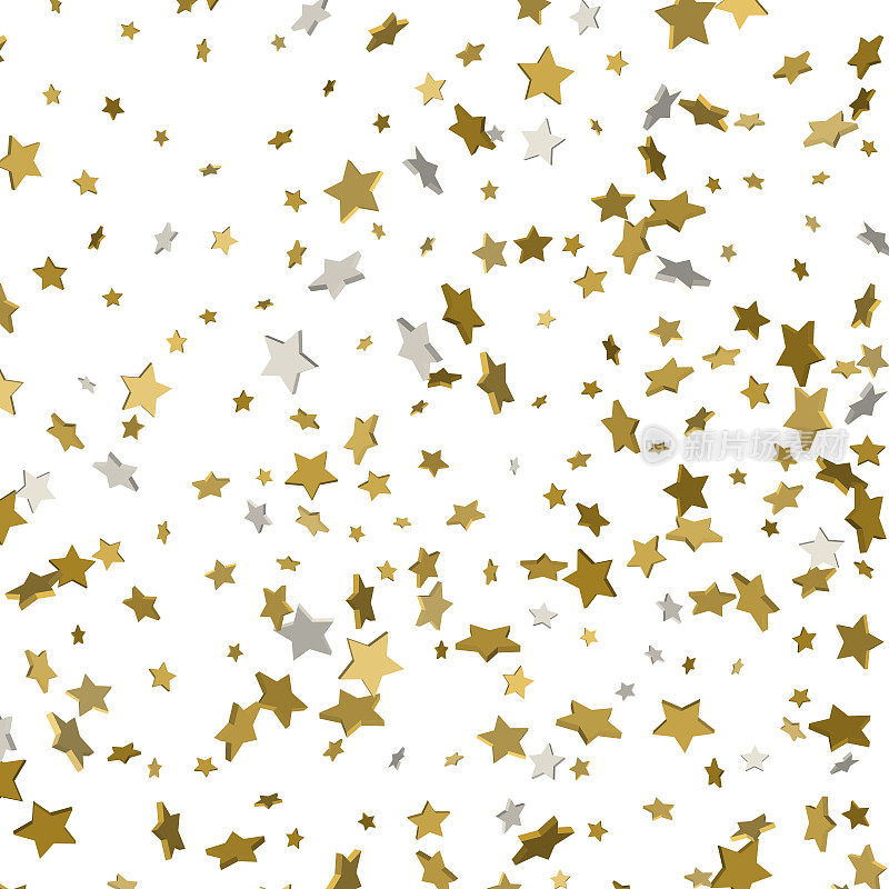 金银星彩纸雨喜庆假日背景。矢量金纸箔星星落下孤立的白色背景。