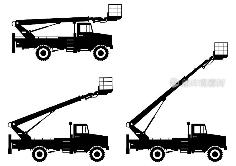 不同吊杆位置的架空平台卡车的轮廓。重型建筑机器。建筑机械。特殊的设备。矢量插图。