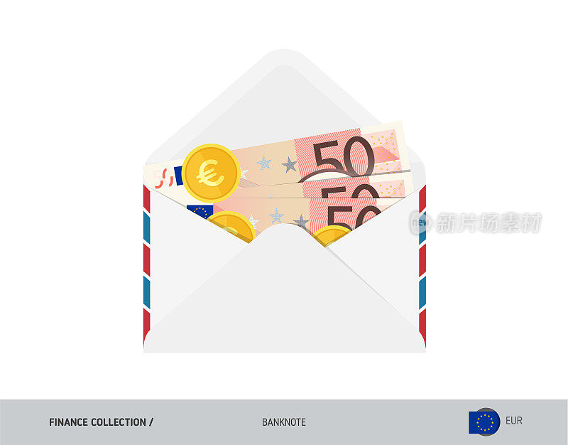 50欧元钞票。装着现金的扁平式信封。欧元纸币和硬币。工资支付或腐败的概念。