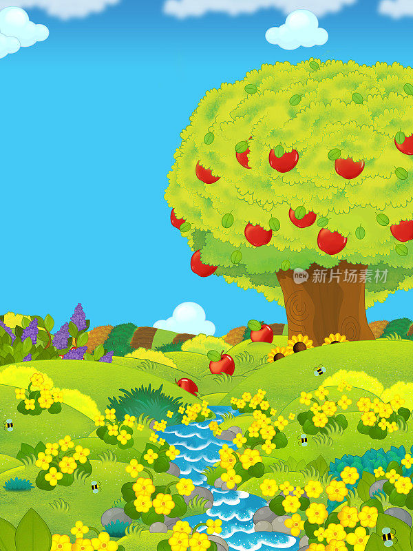 卡通场景与农田溪流的一天和苹果树