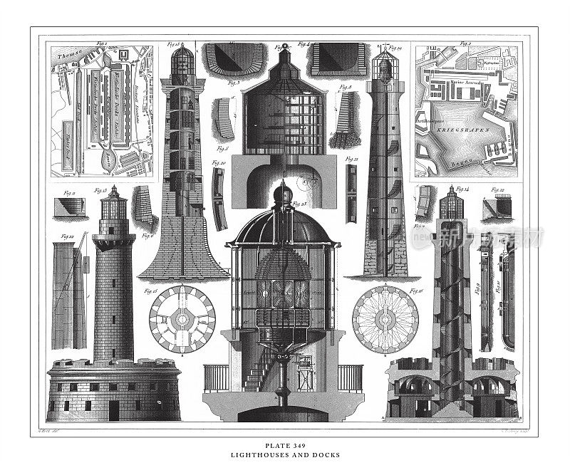 灯塔和码头雕刻古董插图，出版于1851年