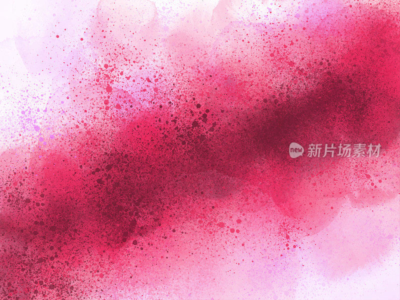 粉红色，红色和紫色的颜色的边界飞溅的水滴。水彩笔触设计元素。粉红色、红色和紫色的手绘抽象纹理。