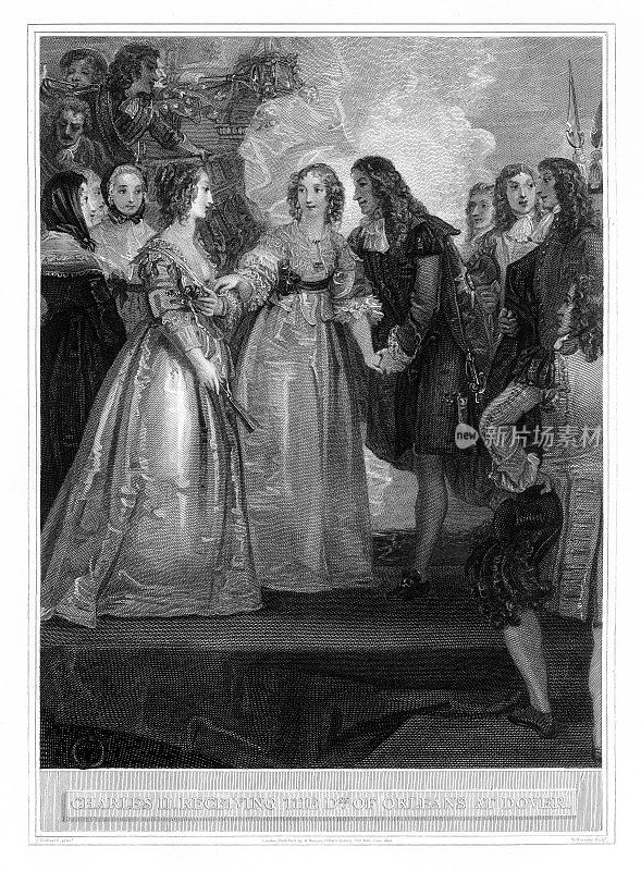 查尔斯二世在多佛接待奥尔良公爵夫人，英国维多利亚时代版画，1806年