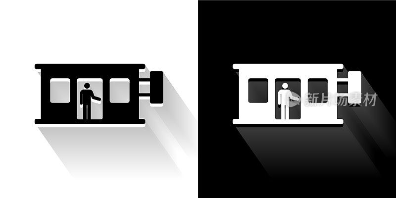 工人站黑色和白色图标与长影子