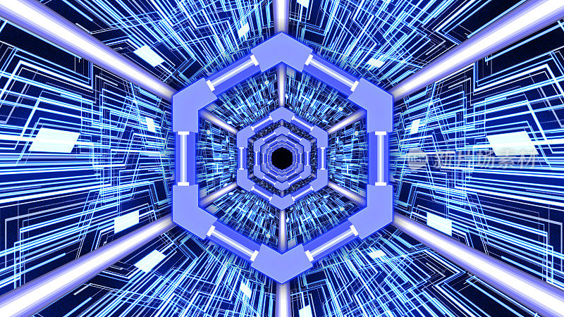 未来设计中的六角环边和线路板三维数字隧道(蓝色)