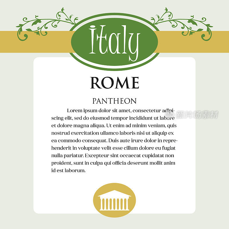 意大利产品的设计页面或菜单。它可以是一本关于意大利城市罗马的指南。万神殿