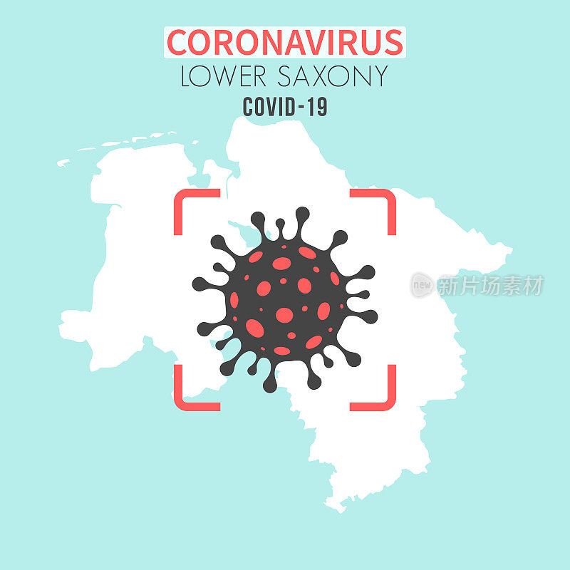 下萨克森州地图，红色取景器中有冠状病毒细胞(COVID-19)