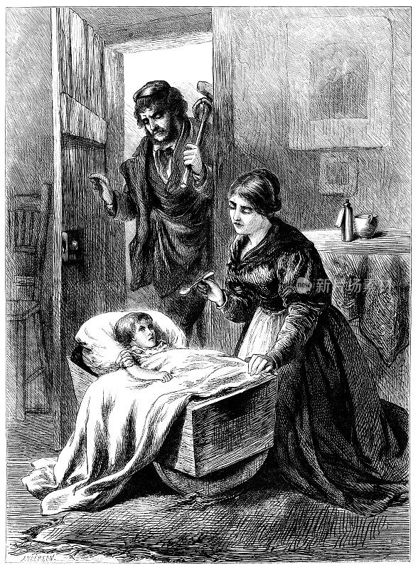 19世纪，母亲在摇篮里喂婴儿，而父亲在一旁看着