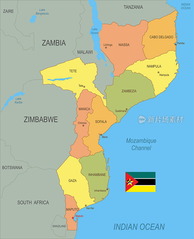 带有旗帜的莫桑比克平面地图