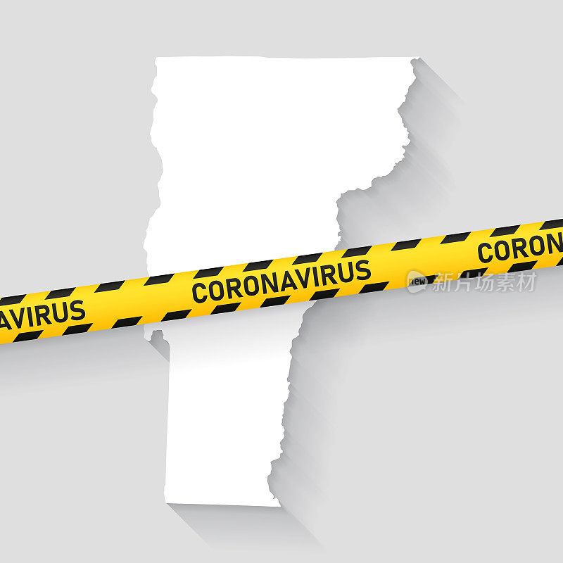 带有冠状病毒警告胶带的佛蒙特州地图。Covid-19爆发