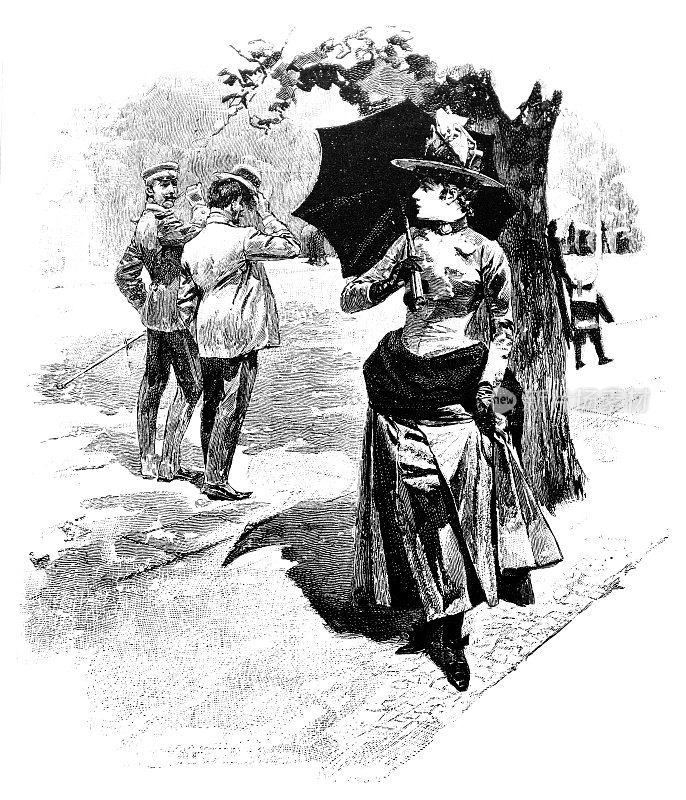 拿着伞的年轻女子转向男人