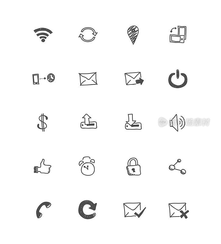 互联网连接和媒体社交涂鸦图标集合，手绘矢量插图图标的互联网资产符号