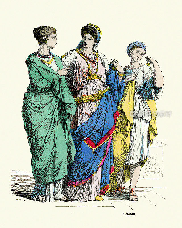 古罗马的时装，穿着斯托拉和帕拉的贵族妇女和奴隶女孩