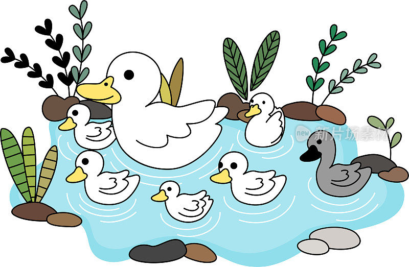 丑小鸭和妈妈还有五只小鸭子一起浮在水面上