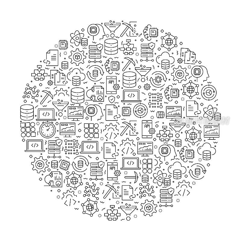 数据科学和数据分析图标的模式。黑色和白色细线图标