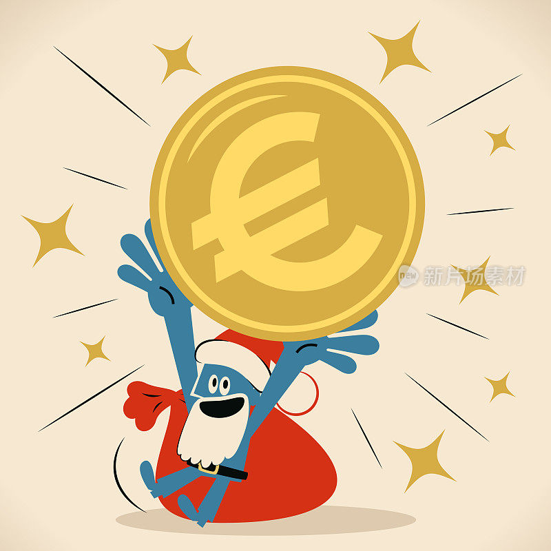 戴着圣诞帽留着胡子的蓝人展示了一个巨大的欧盟货币(欧元标志币)