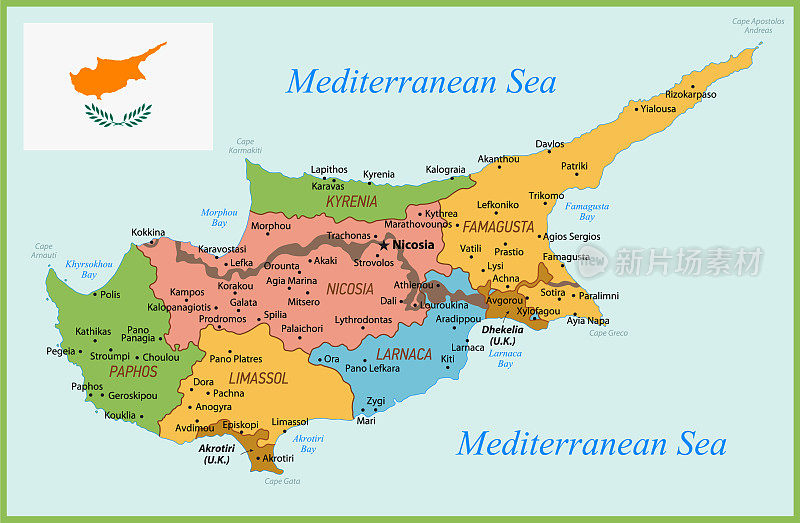 塞浦路斯的古地图。矢量插图与地区和首都城市