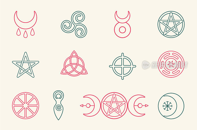 收集的魔法巫术和异教符号，五角星，三重月亮，角神，三分星，太阳十字，螺旋，车轮的一年