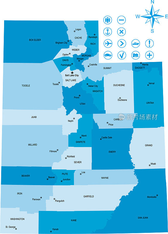 带有图标和键的犹他州地图