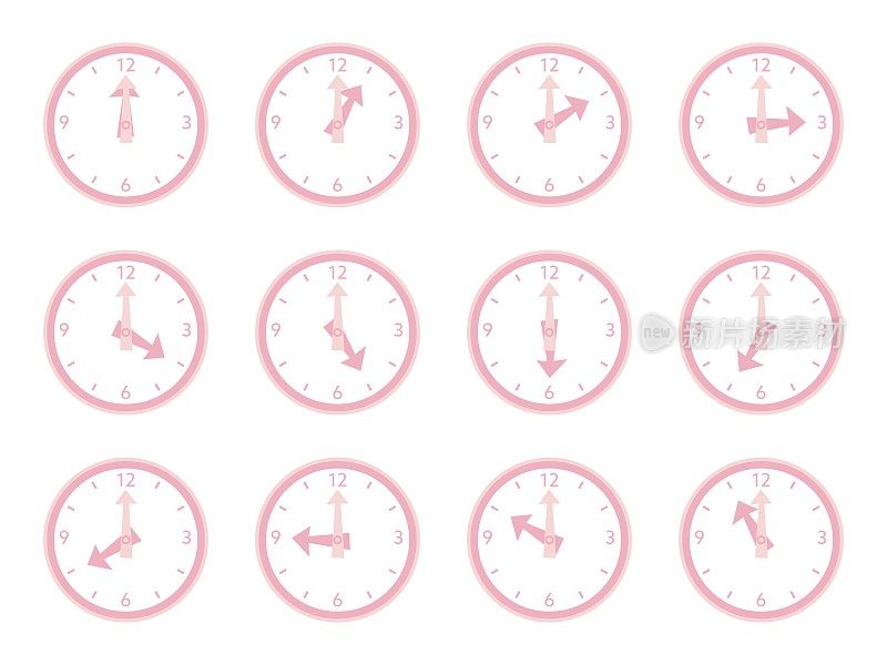 一套简单的粉红色时钟的插图。