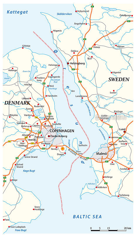 瑞典和丹麦之间厄勒海峡的矢量图