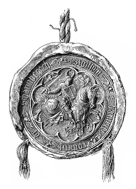 1375年海因里希・冯・勋伯格伯爵的骑马印章;是根据雷切斯堡修道院的原作改编的