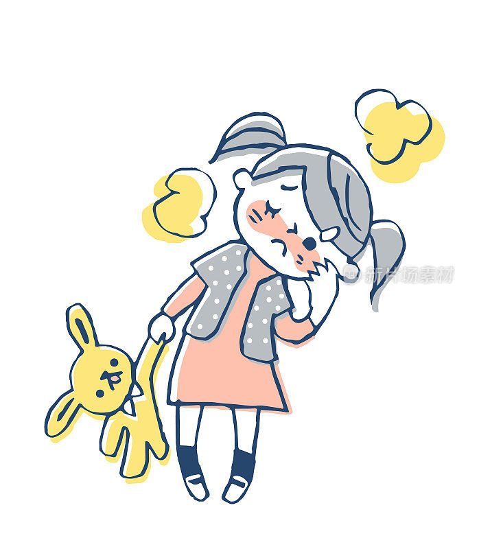 一个发烧的女孩抱着毛绒玩具