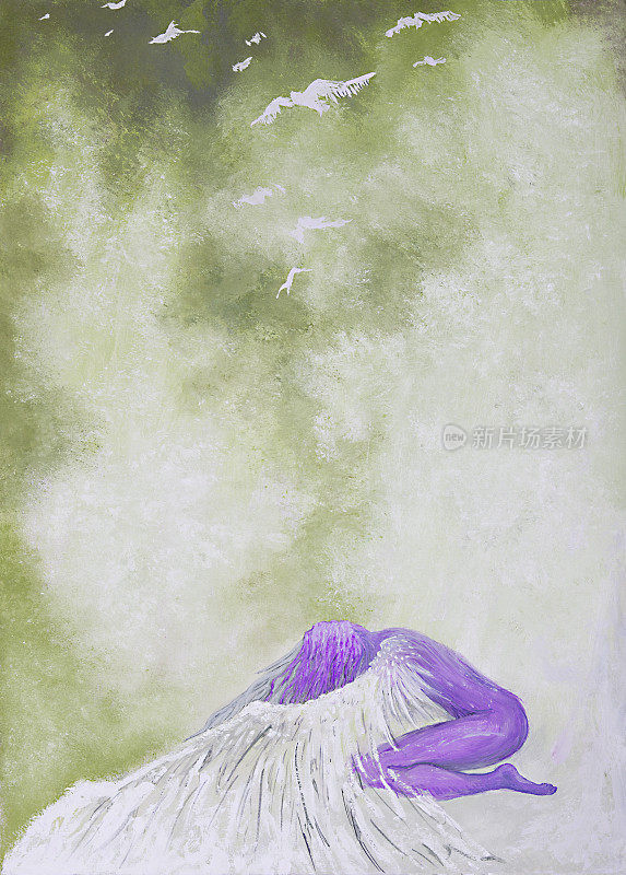 插图油画肖像，一个长发的年轻女子，以守护天使的形式，在阴沉的暴风雨的天空中保护她的孩子